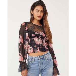 Free People Daphne Floral Print Lace Sheer Yoke Smocked Blouse NEW